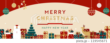 雪だるま、オーナメント、プレゼントボックスで飾られたクリスマスのバナー背景テンプレート(赤) 雪だるま、オーナメント、プレゼントボックスで飾られたクリスマスのバナー背景テンプレート(赤) 119545671