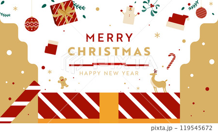 プレゼントボックス、雪だるま、サンタクロースで飾られたクリスマスの広告背景テンプレート(金) プレゼントボックス、雪だるま、サンタクロースで飾られたクリスマスの広告背景テンプレート(金) 119545672