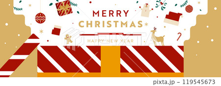 プレゼントボックス、雪だるま、サンタクロースで飾られたクリスマスの広告バナー背景テンプレート(金) プレゼントボックス、雪だるま、サンタクロースで飾られたクリスマスの広告バナー背景テンプレート(金) 119545673