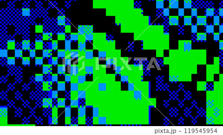 Abstract glitch art with pixelated green and blue patterns on black background 119545954