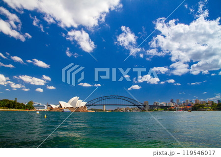 オーストラリア　ニューサウスウェールズ州シドニーのシンボル、世界遺産のオペラハウスとハーバーブリッジ 119546017