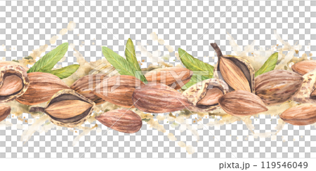 Almond nuts seamless border. Peeled and in the nutshell stone fruit with leaves on Watercolor splashes background. Hand painted illustration. Product snack label. Clipart isolated from background 119546049