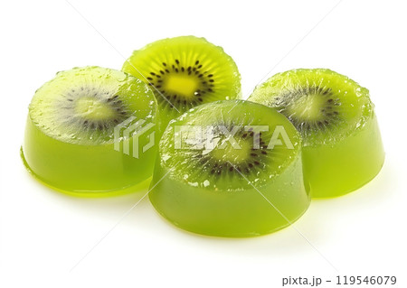 Delicious green kiwi jelly desserts arranged on a white background, ready to serve as a sweet treat 119546079