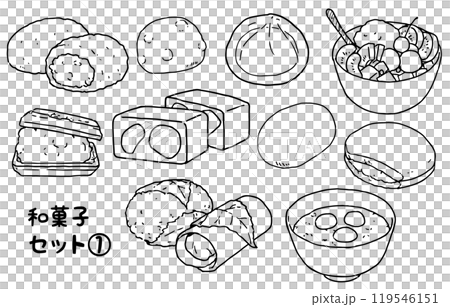 Japanese sweets set ① Line drawing Japanese sweets set ① Line drawing 119546151