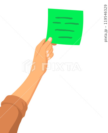 Hand and sticker. Sticky note. Realistic reminder on adhesive tapes. Writing memos on sheet of paper. Vector colorful illustration of notepaper page 119546329