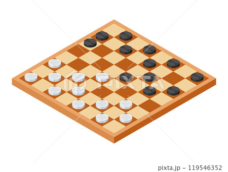 Board game, flat isometric view. Isolated colored icon of checkerboard. Cartoon family table game for adults and kids for leisure and recreation. Vector illustration 119546352