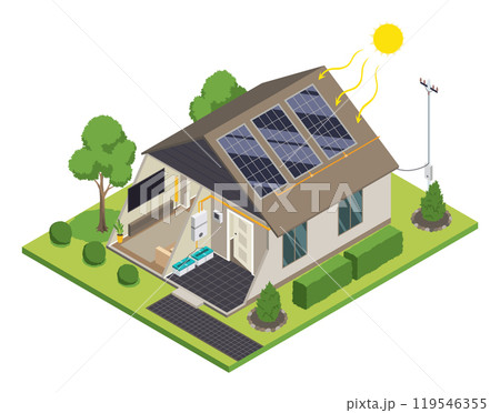 Solar cell home isometric. Renewable energy model equipment, component of grid inverter system. Ecology energy saving concept for free energy. House power energy supply Solar cell home isometric. Renewable energy model equipment, component of grid inverter system. Ecology energy saving concept for free energy. House power energy supply 119546355