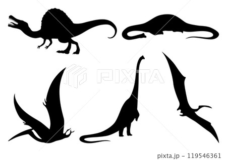 Dinosaurs silhouettes set. Dino monsters icons. Prehistoric reptile monsters. Vector illustration isolated on white. Sketch set Dinosaurs silhouettes set. Dino monsters icons. Prehistoric reptile monsters. Vector illustration isolated on white. Sketch set 119546361