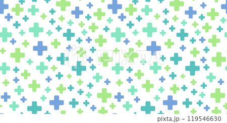 Medical repeat background with blue and green cross on white. Pharmacy seamless pattern. 119546630