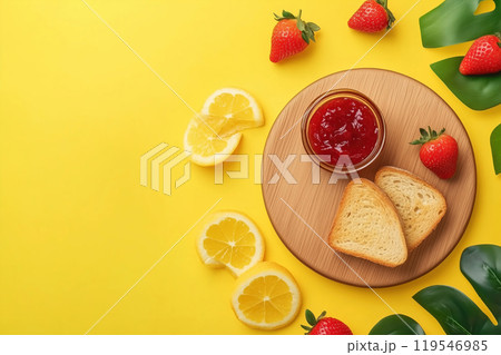 Sweet strawberry jam with toast slices and fresh lemon on a vibrant yellow background in a cheerful Sweet strawberry jam with toast slices and fresh lemon on a vibrant yellow background in a cheerful 119546985