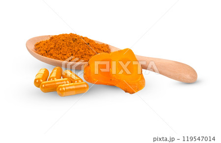 Fresh turmeric and turmeric powder on white background Fresh turmeric and turmeric powder on white background 119547014