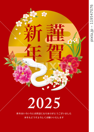 2025年　巳年の謹賀新年　年賀状素材　赤背景　白蛇 119547076