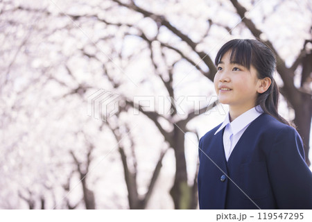 満開の桜を見つめる新中学生 小学校卒業 入学イメージ 満開の桜を見つめる新中学生 小学校卒業 入学イメージ 119547295