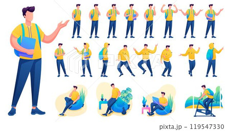 Presentation in various poses and actions character. Young Men. 2D Flat character vector illustration N7 119547330