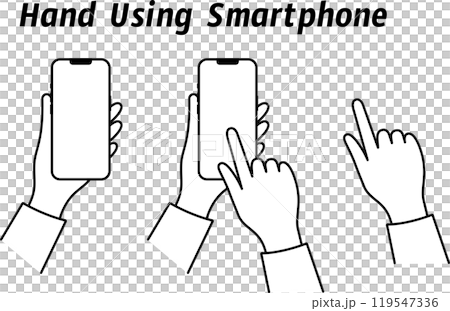 Illustration material of a hand holding a smartphone and pointing at the screen Illustration material of a hand holding a smartphone and pointing at the screen 119547336