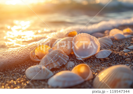 Beautiful seashells scattered on a sandy beach at sunset with gentle waves lapping at the shore 119547344