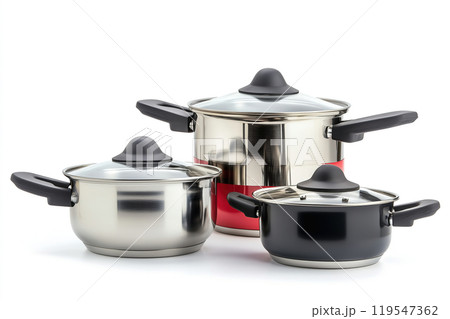 Three versatile cooking pots in varying colors and sizes arranged together against a white 119547362