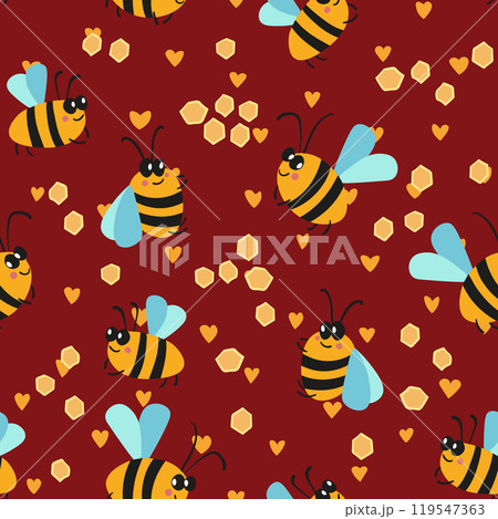 Seamless pattern with bees on color background. Small wasp. Vector illustration. Adorable cartoon character. Template design for invitation, cards, textile, fabric. Doodle style 119547363