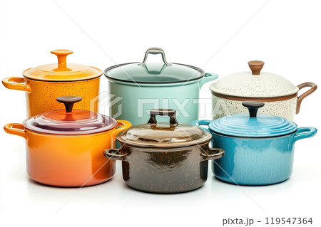 A collection of vibrant cooking pots in various colors and sizes arranged neatly for home kitchen 119547364