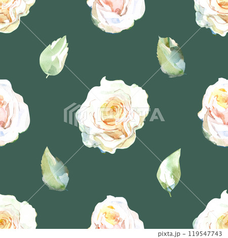 Seamless pattern of white roses with green leaves in collection garden flowers. Watercolor illustration for floral design of fabrics, kitchen towel, textiles, weaving, wallpaper, wrapping paper. Hand 119547743