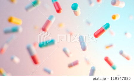 Colorful capsules floating in air on pink background, dynamic pharmaceuticals, health care concept, medicine in motion, zero gravity pills display 119547880