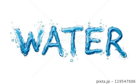 blue water splashes creating alphabetical representation, aqua isolated on white backdrop, refreshing drinkable resource typography design, H2O illustration in artistic letter formation 119547886