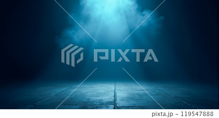 product placement presentation Blue spotlight on dark stage for dramatic product reveal, atmospheric presentation background with focused lighting, empty space for showcasing items product placement presentation Blue spotlight on dark stage for dramatic product reveal, atmospheric presentation background with focused lighting, empty space for showcasing items 119547888
