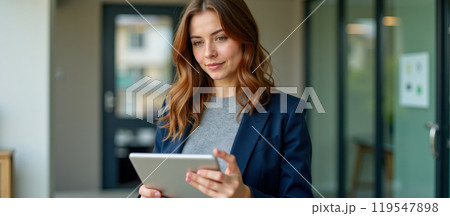Young businesswoman using tablet in modern office environment. Professional woman working on digital device, focused and confident, wearing formal business attire, indoor office setting 119547898