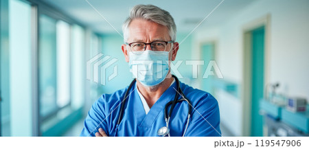 Mature healthcare professional in medical mask, experienced senior doctor, elderly physician, hospital staff member, medical expert, wearing white coat and stethoscope, confident and trustworthy 119547906