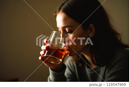 Woman drinking alcohol from glass in dimly lit room, concept of female alcoholism and addiction. solitude, contemplation, mental health struggle, and vulnerability associated with excessive drinking Woman drinking alcohol from glass in dimly lit room, concept of female alcoholism and addiction. solitude, contemplation, mental health struggle, and vulnerability associated with excessive drinking 119547909