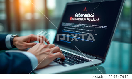 Laptop screen displaying cyber attack alert, red warning of system hacked, concept of digital security breach, internet safety issue, unauthorized access detected Laptop screen displaying cyber attack alert, red warning of system hacked, concept of digital security breach, internet safety issue, unauthorized access detected 119547913