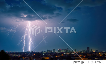 Spectacular Nighttime Electric Lightning Bolt Striking Near City Water Body Reflecting Lights Urban Skyline Dramatic Weather Event Nature Force Amidst Skyscrapers Illumination Dark Cloud 119547920