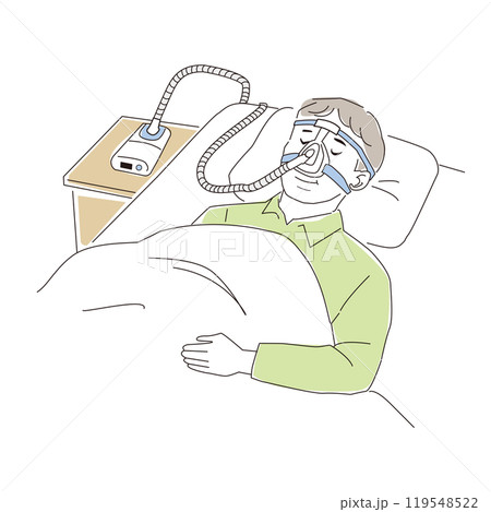 睡眠時無呼吸症候群の治療用器具をつけて寝ている中年男性 119548522