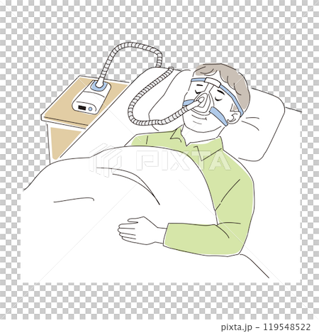 A middle-aged man sleeping with a device to treat sleep apnea syndrome 119548522