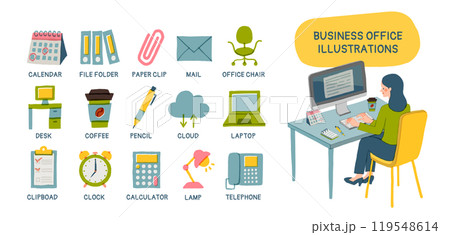 パソコンで仕事をするビジネスパーソンとオフィスアイコンセット パソコンで仕事をするビジネスパーソンとオフィスアイコンセット 119548614