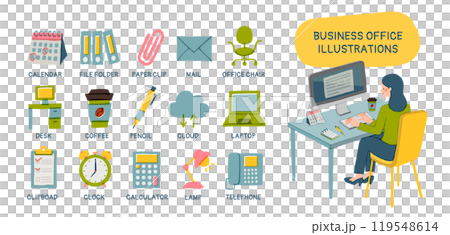 パソコンで仕事をするビジネスパーソンとオフィスアイコンセット パソコンで仕事をするビジネスパーソンとオフィスアイコンセット 119548614