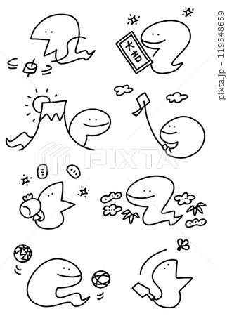 手描きの可愛い蛇と正月のイラストセット　巳年　2025 モノクロ 119548659