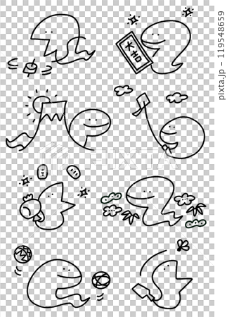 手描きの可愛い蛇と正月のイラストセット　巳年　2025 モノクロ 119548659