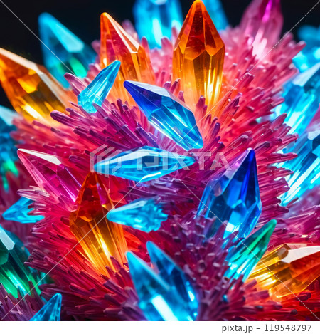 Cluster of colorful fantasy glowing crystals, close-up abstract bright multicolor background Cluster of colorful fantasy glowing crystals, close-up abstract bright multicolor background 119548797