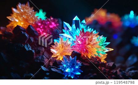 Cluster of colorful fantasy glowing crystals on black background 119548798
