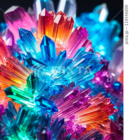 Cluster of colorful fantasy glowing crystals, close-up abstract bright multicolor background Cluster of colorful fantasy glowing crystals, close-up abstract bright multicolor background 119548800
