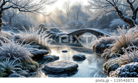 Peaceful winter landscape with frost-covered trees, frozen river and stone bridge in the park 119548872