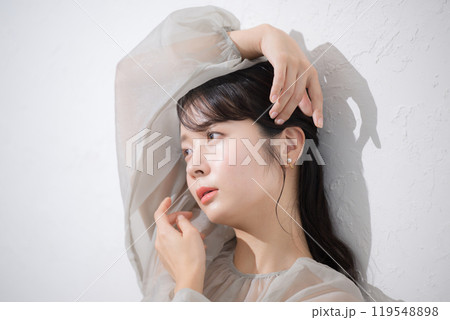 肌に艶(ツヤ)感と透明感のある若い20代女性の日差しやファッションや美容やビューティーのイメージ 119548898