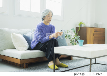 リビングでくつろぐニットのシニア女性 リビングでくつろぐニットのシニア女性 119549240