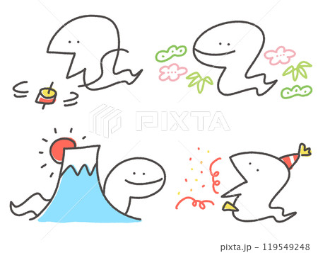 手描きの可愛い蛇と正月のイラストセット 巳年 2025 手描きの可愛い蛇と正月のイラストセット 巳年 2025 119549248