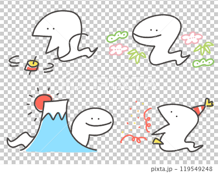 手描きの可愛い蛇と正月のイラストセット 巳年 2025 手描きの可愛い蛇と正月のイラストセット 巳年 2025 119549248