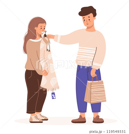 Shopping. Happy couple buyers man and girl try on dress at sale. Vector illustration. Holiday shopper character, purchase concept, Black Friday. 119549331