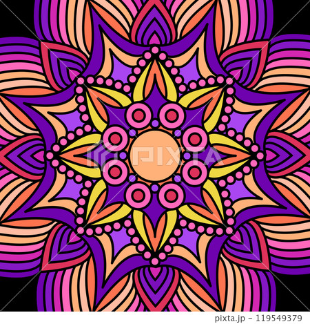 Colorful pattern. Symmetrical mandala-style ornament. Background template for decorating textiles, wallpapers, covers, interior and creative design Colorful pattern. Symmetrical mandala-style ornament. Background template for decorating textiles, wallpapers, covers, interior and creative design 119549379