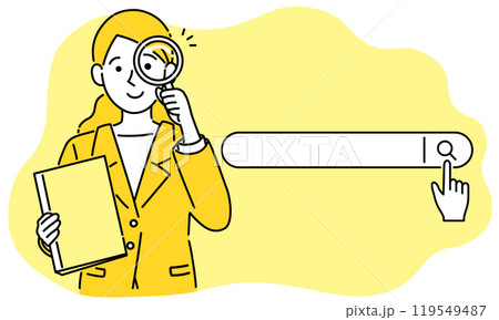 ビジネススーツの女性と虫眼鏡・検索フォーム・シンプルでポップなベクターイラスト 119549487