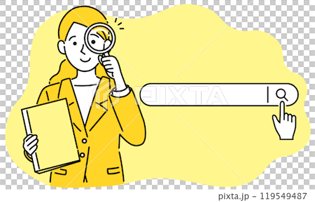 ビジネススーツの女性と虫眼鏡・検索フォーム・シンプルでポップなベクターイラスト 119549487